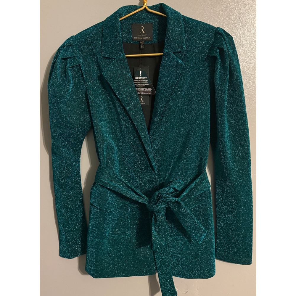 Rare London Limited Edition Green Glitter Puff Sleeve Belted Blazer Small NWT